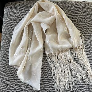 Ivory cream scarf long fringe floral print
